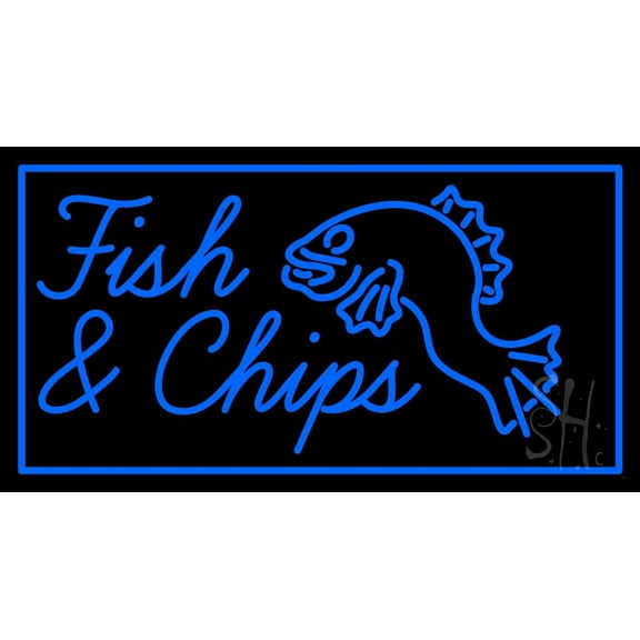 Blue Fish and Chips With Fish LED Neon Sign 20 x 37 - inches, Black Square Cut Acrylic Backing, with Dimmer - Bright and Premium built indoor LED Neon Sign for restaurant window and interior decor.
