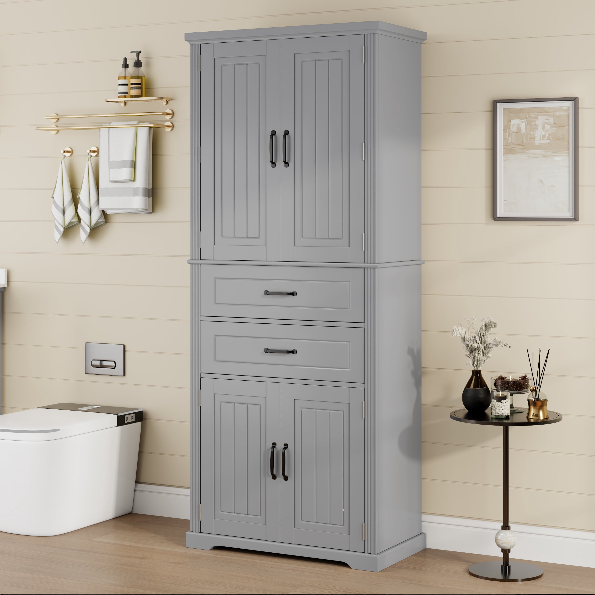 Mintazer 72.5" Freestanding Tall Bathroom Cabinet with 2 Drawers & Adjustable Shelves, Pantry Cabinet with Multi-Functional Storage Space for Bathroom Bedroom Laundry Room, Grey