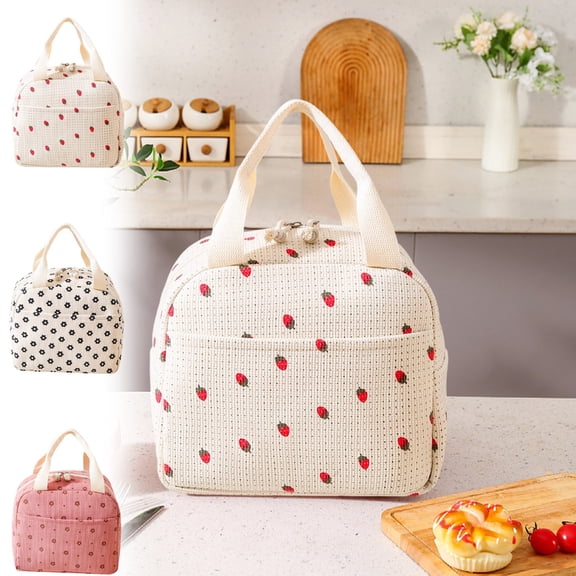 Lunch Bag Corduroy Insulated Tote Waterproof Portable Handheld Thermal Cooler Thick Film Wide Strap Floral Pattern for Office Picnic Navy by Xuniizn