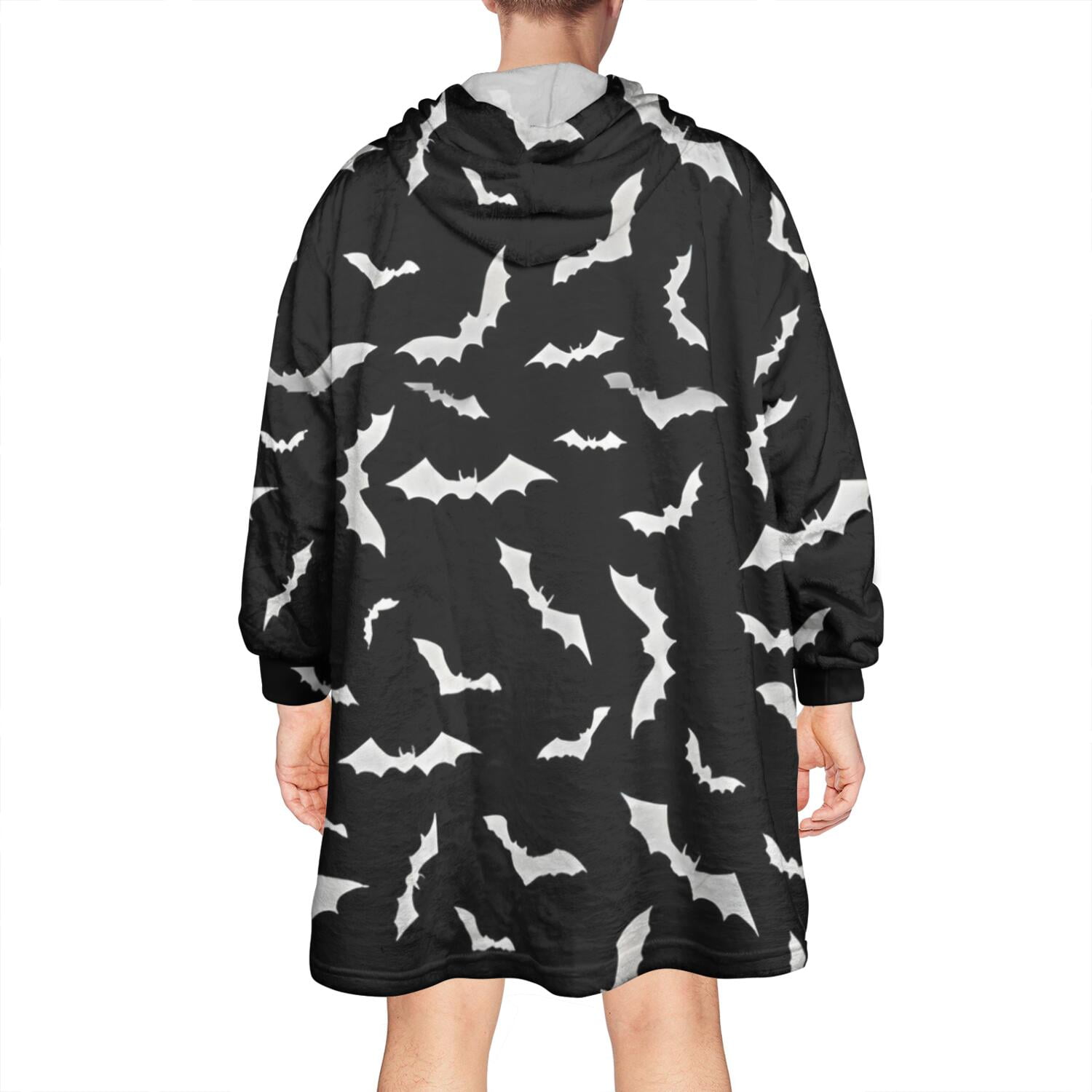 Wearable Oversized Blanket,Black Halloween Bats with White Wearable Blanket Hoodie for Adults,Cozy Hooded Blankets with Super Pockets,Super Warm Fuzzy Pullover for Women & Men