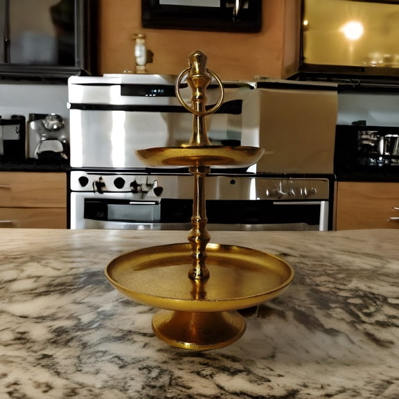 ALUMINUM TWO TIER CAKE STAND - PLATTERS - GOLD - BY ERHA HANDICRAFT