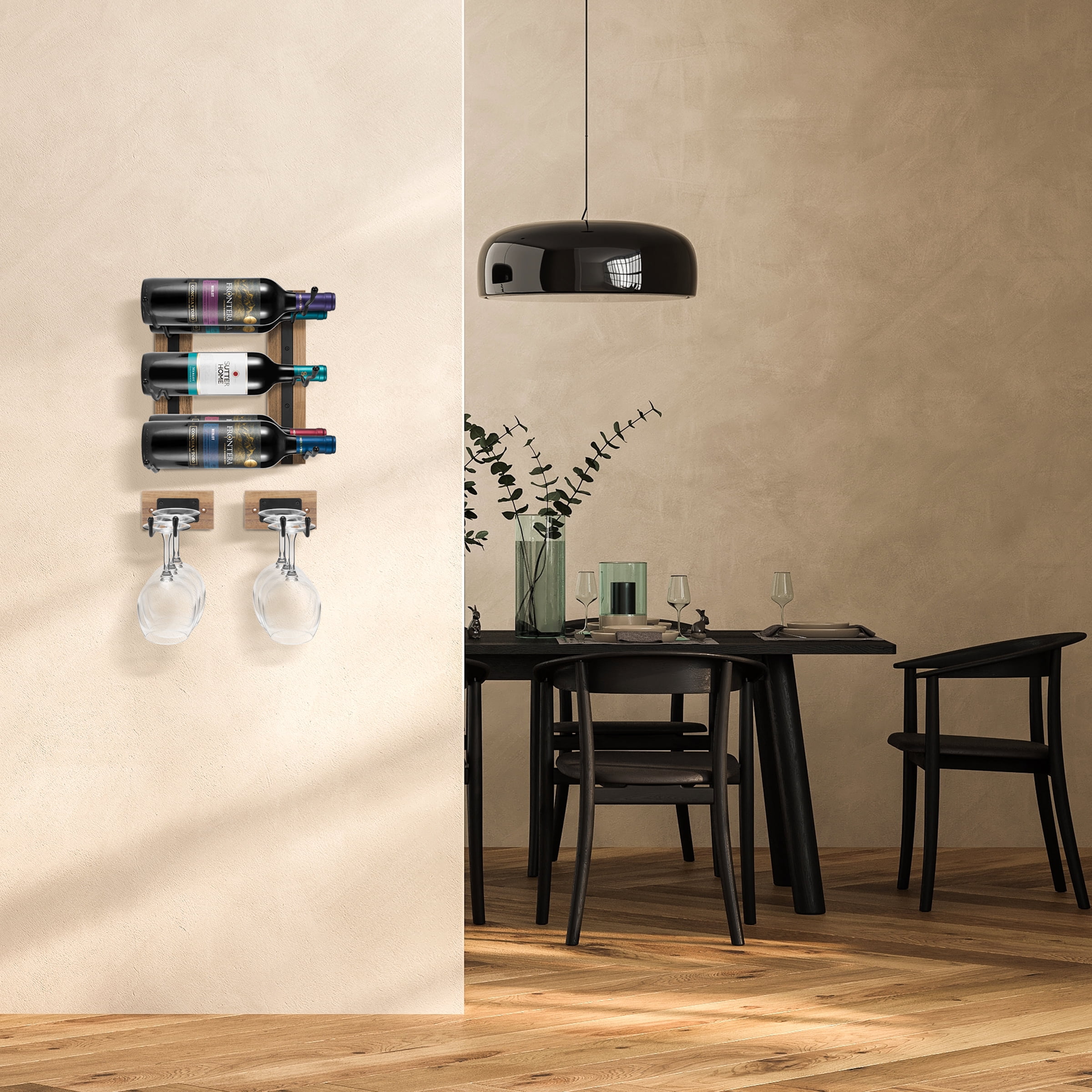 Sorbus Wall Wine & Glass Rack Set – Wood & Metal Holder for Bottles & Stemware, Mahogany Wood