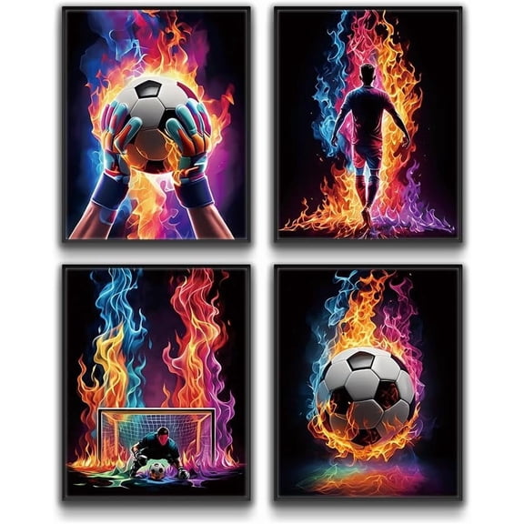 Colorful Football Wall Decor Abstract Neon Soccer Art Posters Boys Football Themed Bedroom Artwork Sports Canvas Painting for Man Bedroom Wall Decorations Set of 4 (8x10inch Unframed