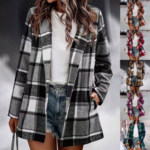 Azrian Womens Coats and Jackets Clearance,Women Plaid Casual Long Sleeve Loose Lapel Cardigan Jacket Coat With Pocket Clearance Sale