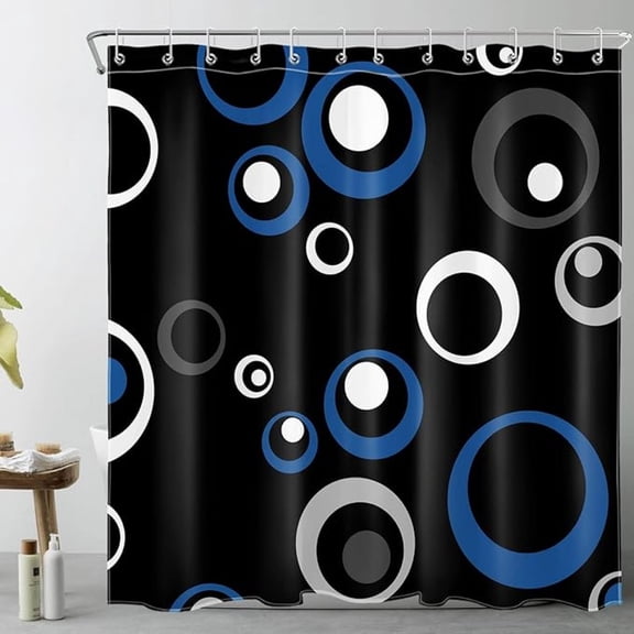 Abstract Blue Geometric Shower Curtain Set Grey And White Circle Shower Curtains For Bathroom Modern Minimalist Black Waterproof Washable Shower Curtain Set With Bath Mat And Hooks 54"W x 72"L