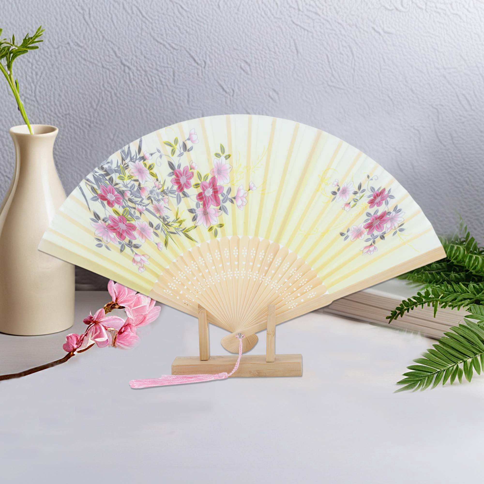 Unique Bargains Ancient Style Folding Fan 1Pc Light Yellow [Floral Beauty Vintage Design]