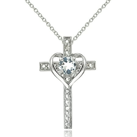 Aquamarine Cross Pendant - Sterling Silver Aquamarine & Diamond Accent Cross Heart Necklace