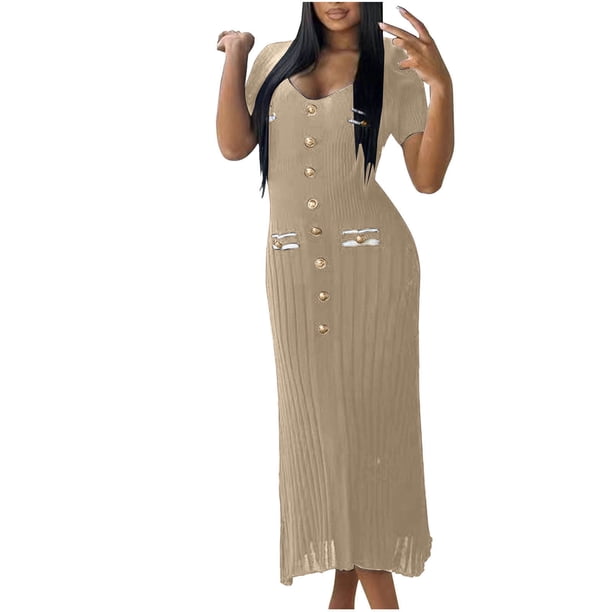 Vestido de Manga Corta para las Mujeres Color Sólido Ajustado V-Cuello Onda Falda Doblado, de Punto Sudadera Falda Larga