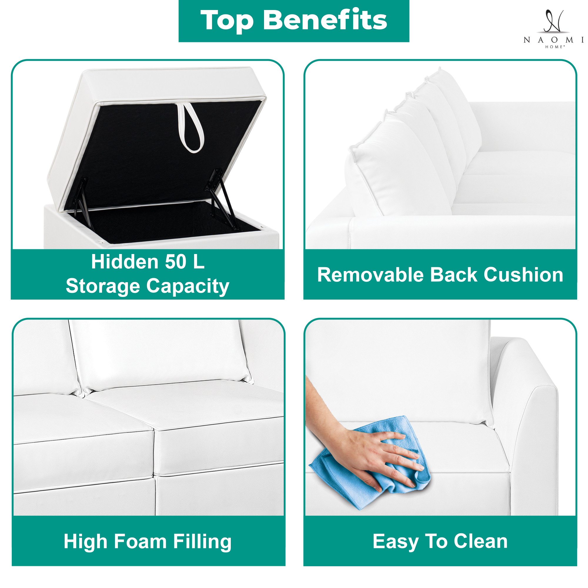 25" Square Ottoman Footstool, Ottoman with Storage for Living Room & Bedroom, Color: Bright White, Fabric: Air Leather