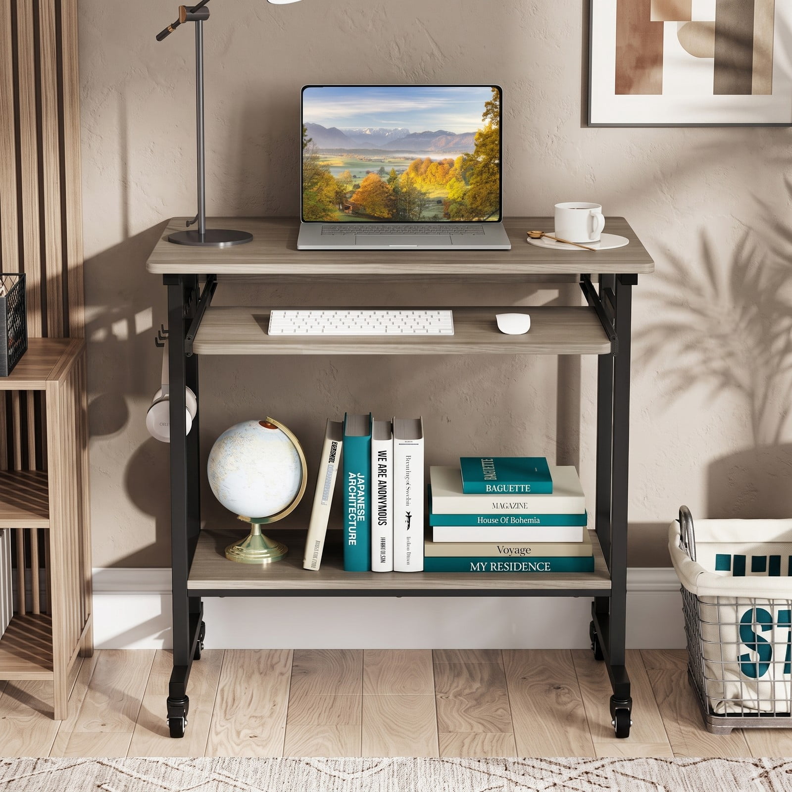 Furnibear Rolling Laptop Table Mobile Computer Desk Cart with Pull-out Keyboard Tray, 3 Hooks, Bottom Storage Shelf and Locking Wheels for Home Office, Grey