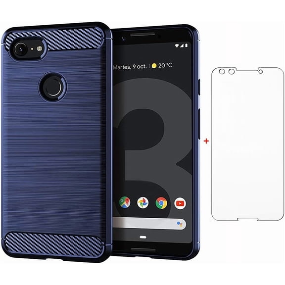 REQO Compatible with Google Pixel 3 XL Case and Tempered Glass Screen Protector Cover Cell Accessories Silicone Phone Cases for Pixel3XL Pixel3 LX Pixle 3XL Pixel3XL 3LX 3L 2019 Blue Carbon Fiber