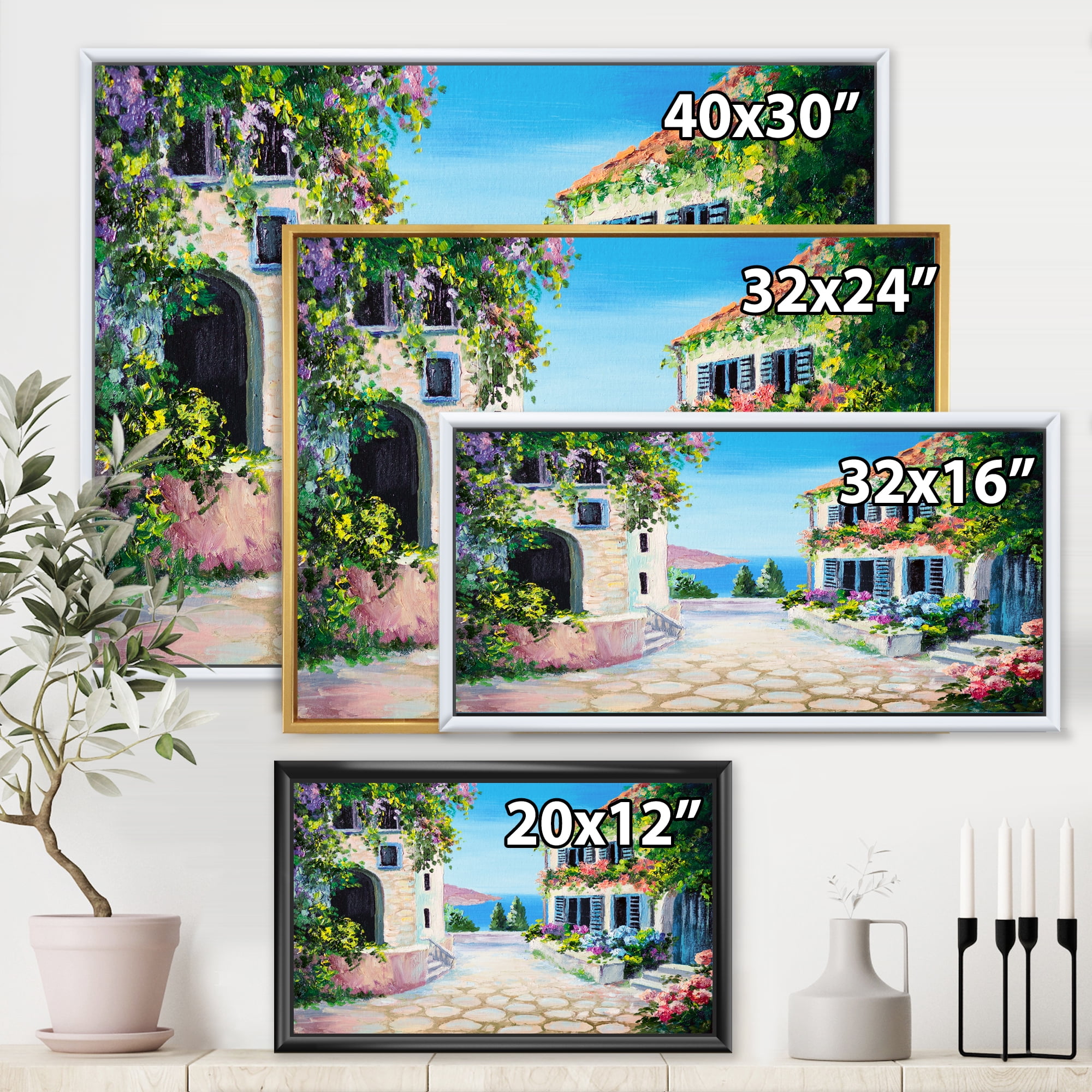 Blossoming Flowers With White Houses With Near The Sea 20 in x 12 in Framed Painting Canvas Art Print, by Designart