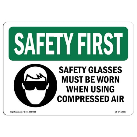 OSHA SAFETY FIRST Sign - Safety Glasses Must Be Worn Bilingual  | Choose from: Aluminum, Rigid Plastic or Vinyl Label Decal | Protect Your Business, Work Site, Warehouse & Shop Area |  Made in the