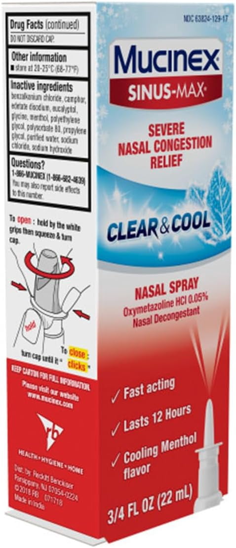 Mucinex Sinus-Max Nasal Spray Clear & Cool, 0.75 oz (Pack of 4) Packaging May Vary