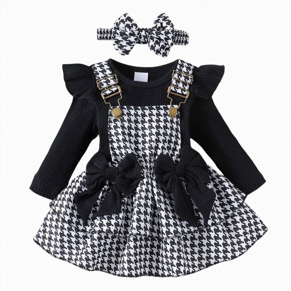 Enyan Newborn Baby Girl Fall Winter Clothes Long Sleeve Romper Top Suspender Dress Headband 3-Piece Set Infant Cute Casual Outfits Black,3-6 Months