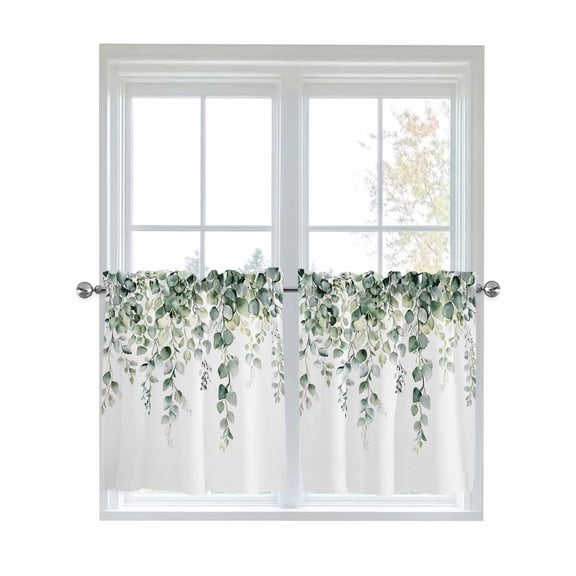 Eucalyptus Leaves Half Window Curtain 36 Inches Long, Spring Farmhouse Retro Botanical Window Treatment Curtain Drapes, Small Tier Curtains for Bathroom Over Sink, 27.5"x36", 2 Panels