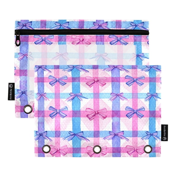 2 Pack 3 Ring Binder Pouch with Clear PVC Window Water Resistant Zipper Pencil Pouch Pink and Blue Bows Binder Pocket for Classroom Office Home Stationery Organization
