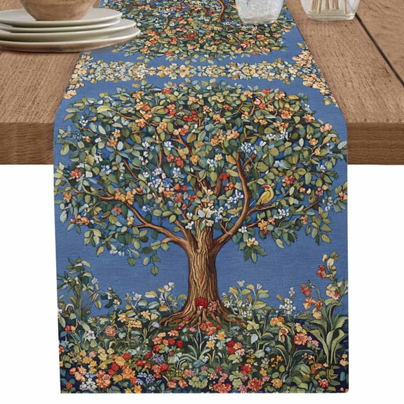 Vintage Tree Colorful Flower Leaves Table Runner-70 Inch Long Blossom Floral Table Runners Linen Burlap Tablerunner for Kitchen Dining Room Holiday Party