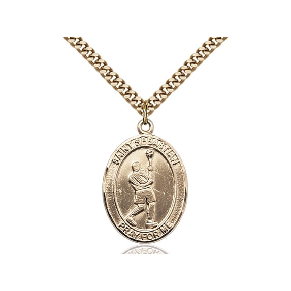Gold Filled St. Sebastian/Lacrosse Pendant 1 x 3/4 inches with Heavy Curb Chain