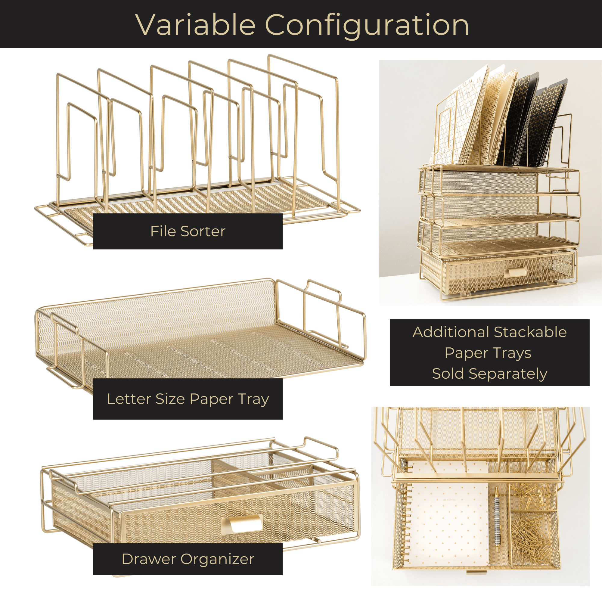 Gold Desk Organizer - Gold Desk Accessories for Women Office Set Includes Detachable File Organizer, Stackable Paper Tray, Stackable Drawer - Gold Office Supplies for Desk Gold File Organizer for Des