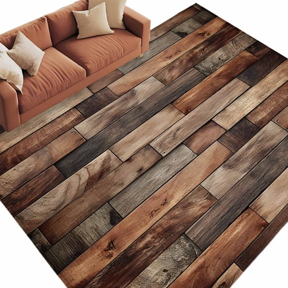 Brown Wood Grain Washable Area Rug 5 x 7 ft Farmhouse Vintage Wooden Board Patchwork, Soft Non Slip Rugs Stain Repellent Indoor Felt Carpet for Living Dining Room Bedroom Home Office