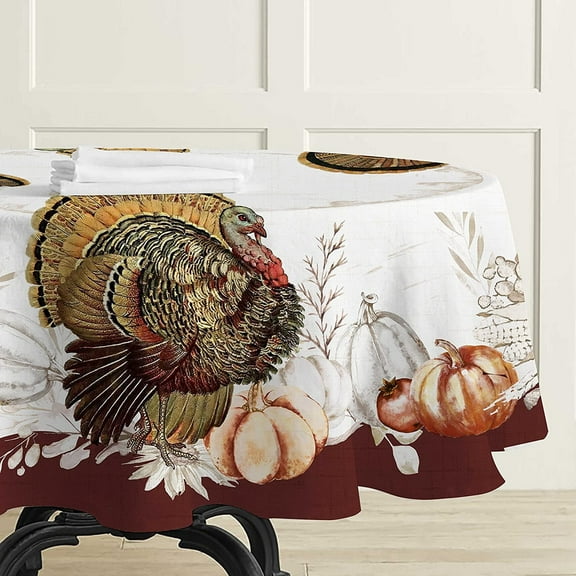 Thanksgiving Tablecloth Turkey Maple Leaves Polyester Table Cover Watercolor Fall Pumpkins Berry Table Cloth Farm Harvest Autumn Falling Leaves Table Cover for Autumn Harvest (Round, 60"×60")