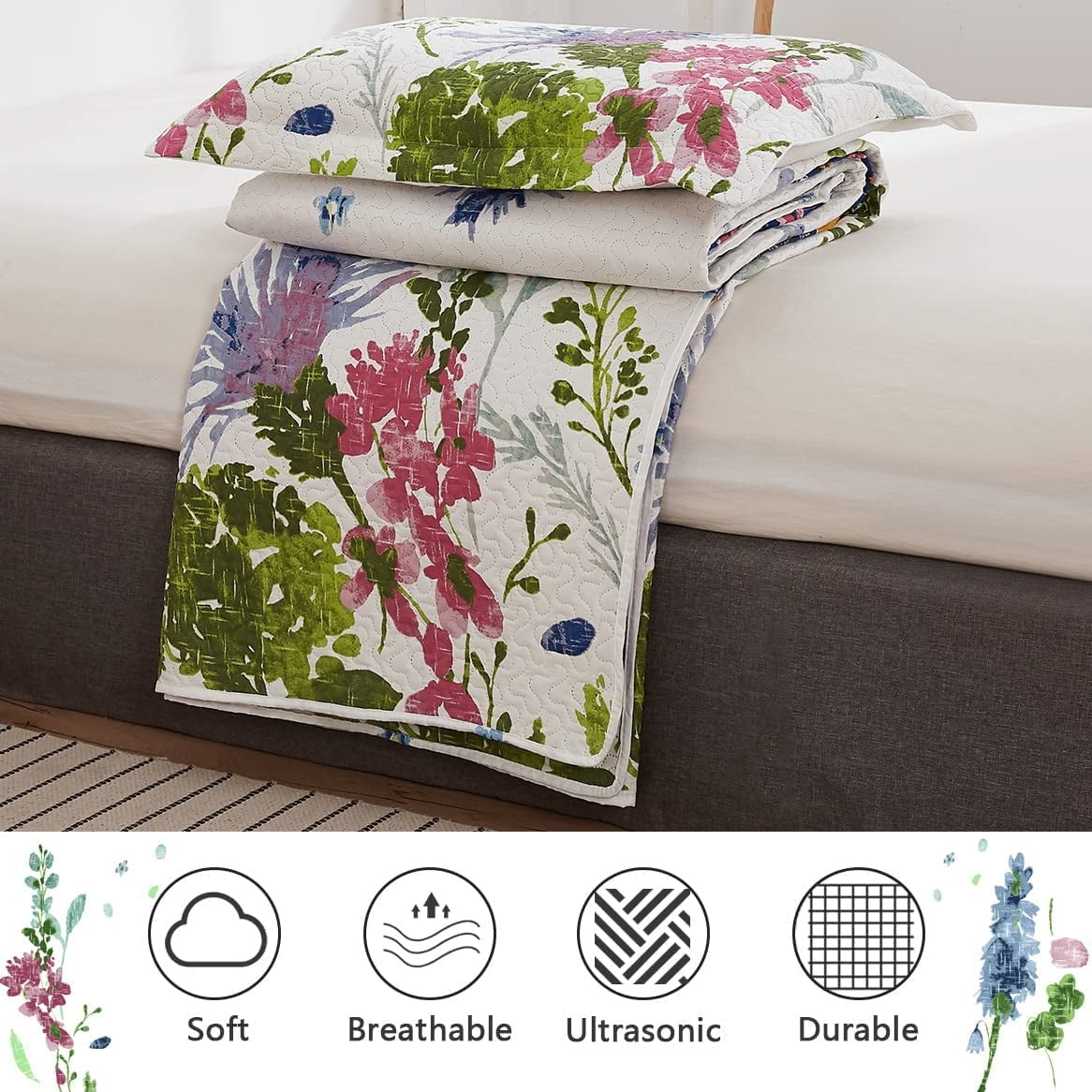 Green Essen 3 Pcs Purple Floral Quilt Sets, Soft Lightweight Microfiber Bedding Bedspreads Reversible Multicolor Flower Coverlet, 1 Quilt & 2 Pillow Shams(Twin Size）