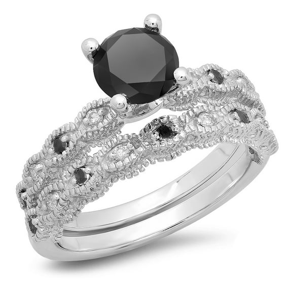 1.40 Carat (ctw) 18K White Gold Round Cut Black & White Diamond Ladies Bridal Vintage Engagement Ring With Matching Band