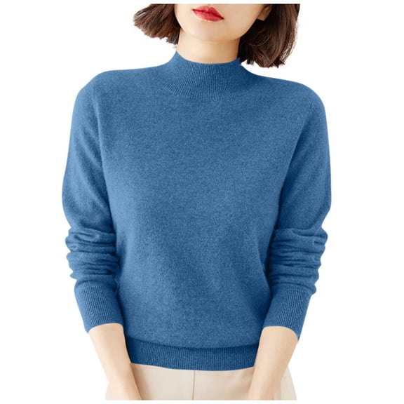 Women's Versatile Mock Neck Sweater Solid Color Long Sleeve Casual Fashionable Base Layer Top Soft Warm Winter Fall Daily Comfortable Outfit Blue 3XL
