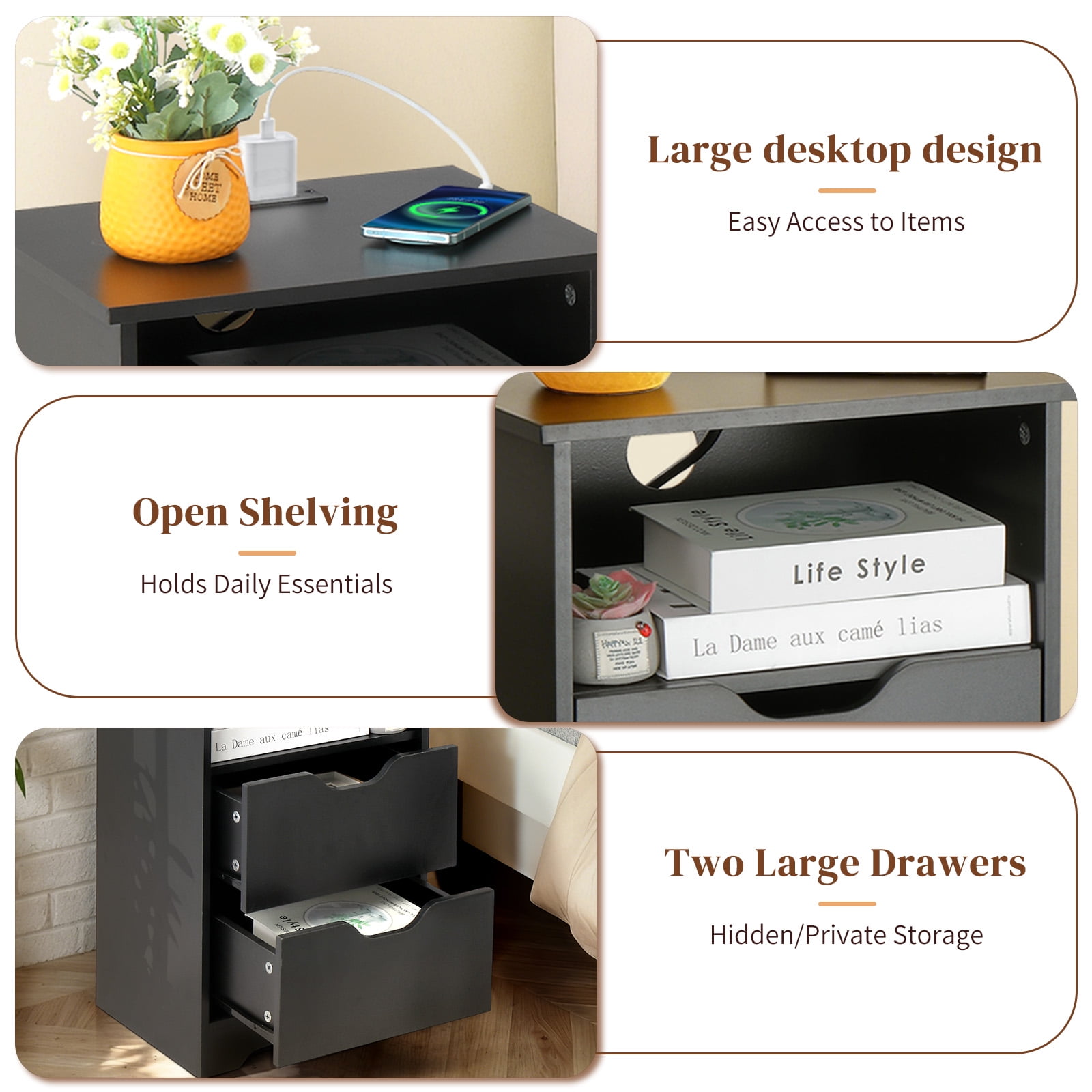 Ktaxon Set of 1 NightStand with Charging Station BedsideTable with 2 Storage Drawers,End Side for Bedroom,Country Style Black