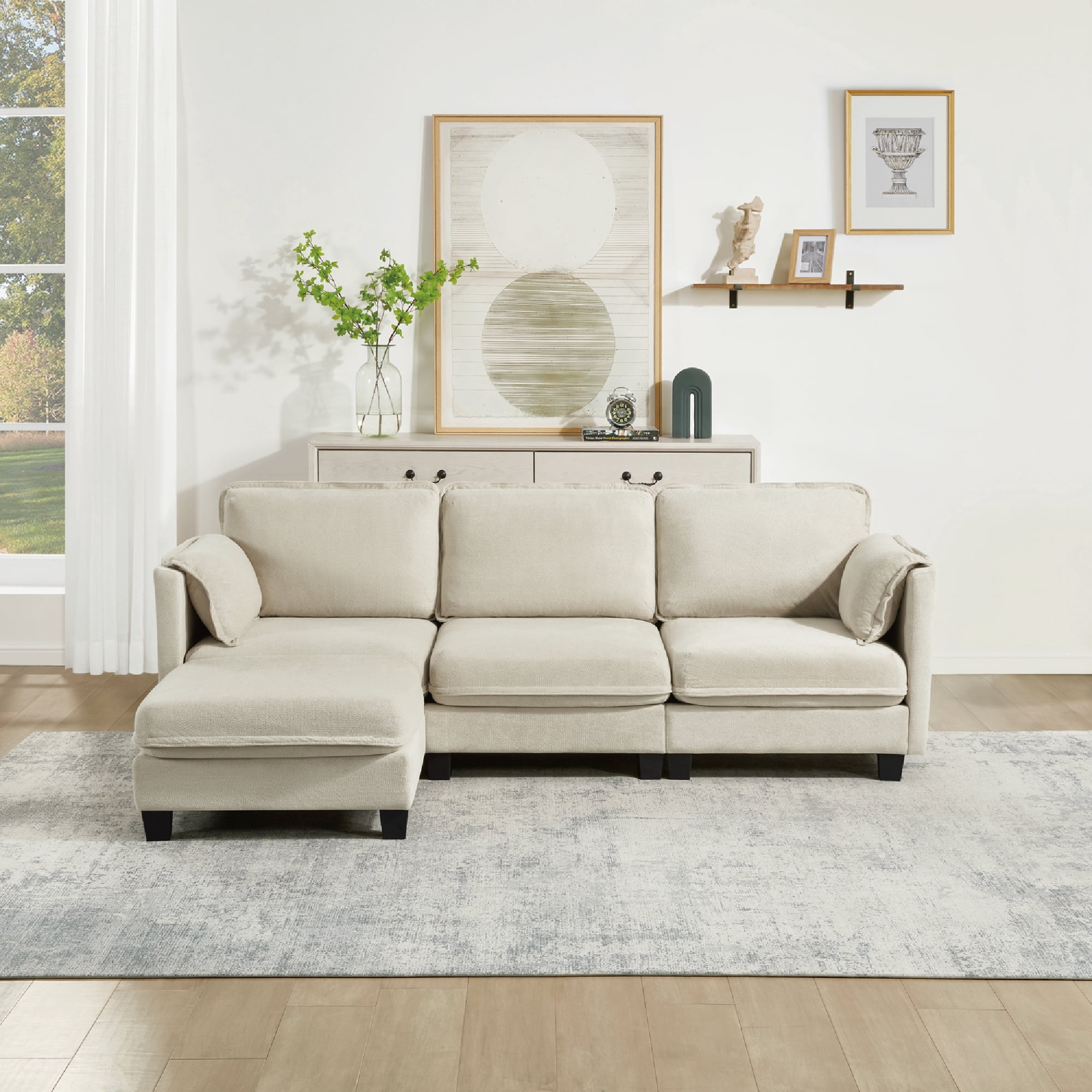 Avobird 97-inch L-shaped Sofa, Upholstered Deep Seat Sofa with Cotton-Linen Brushed Fabric, Ottoman & Side pocket, 3-Seater Sofa for Living Room, Beige