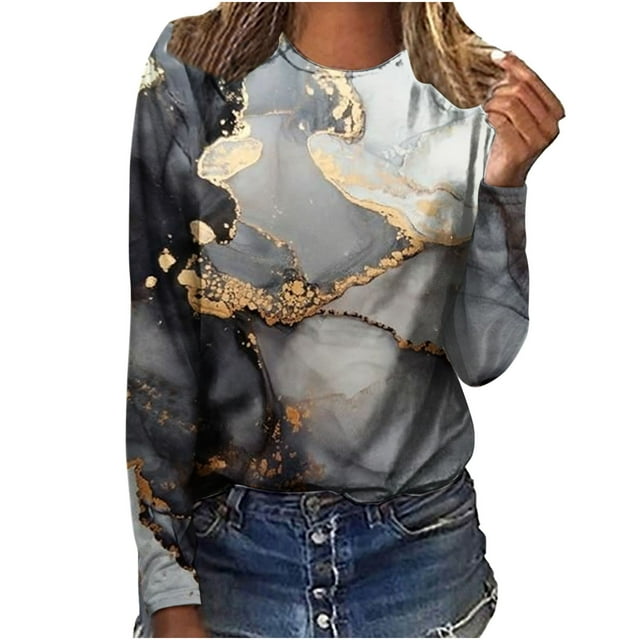 IROINID Économies Polyester T-Shirt à Manches Longues pour Femmes Loisirs Dames Col Rond Hauts Amples T-Shirts Imprimés Blouse, Gris Foncé