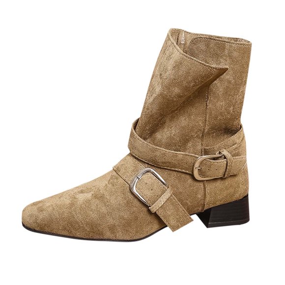 LOVZFMLL Cowboy Boots for Women Mid Calf Stovepipe Boots Buckle Pointy Toe Slip Resistant Low Block Heel Western Fall Fashion
