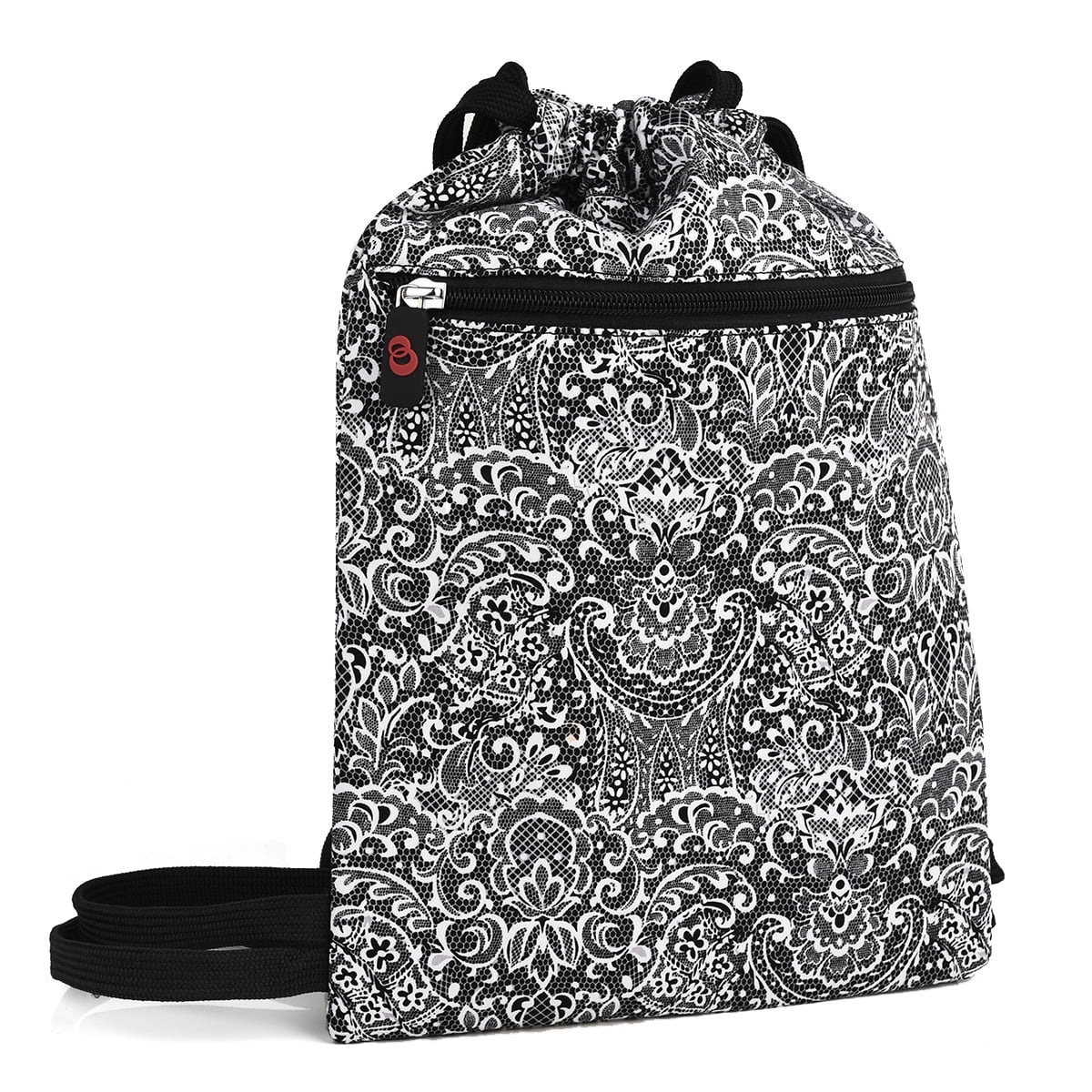 Drawstring Backpack With Monochrome Floral Print String Bag Foldable Sackpack For Gym Sport Traveling Yoga School