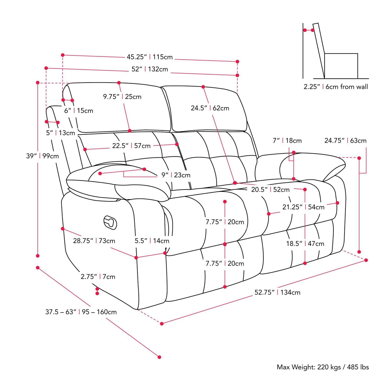 Fauteuil inclinable d'intérieur rembourré manuel CorLiving Oren à 2 places