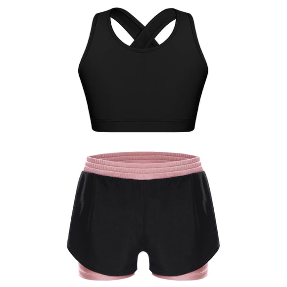 inhzoy Girls Kids Athltic Crop Tank Top and 2 in 1 Shorts Set for Gym Yoga 2 Pieces Workout Outfits Pink 16