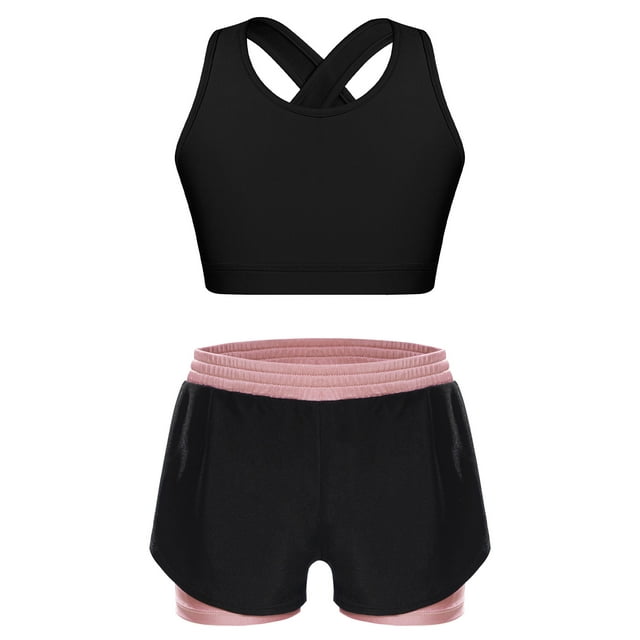 MSemis Kids Girls 2pcs Sports Set Keyhole Cross Back Tank Tops and Shorts Set For Yoga Gymnastics Dance Pink 14