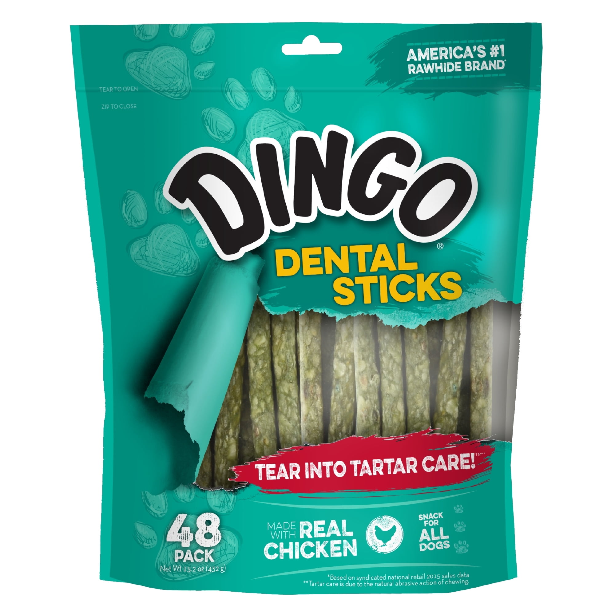 Dingo Dental Sticks Chews for All Dogs, Made with Real Chicken and Spearmint Flavor, 48 Count