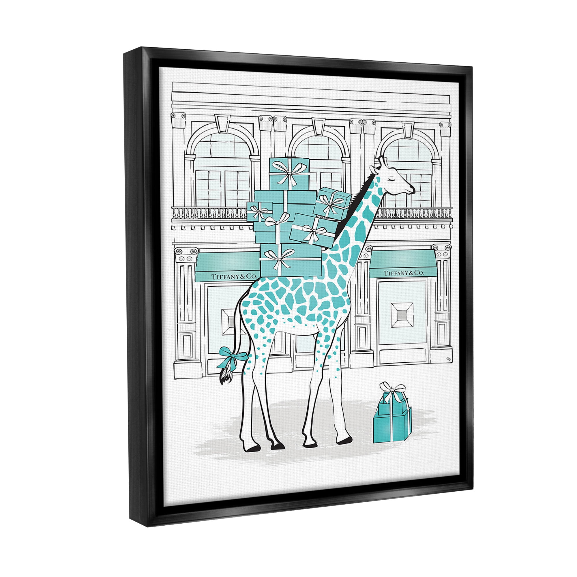 Stupell Industries Giraffe at Glam Storefront Animals & Insects Painting Black Floater Framed Canvas Art Print Wall Art, 17 x 21