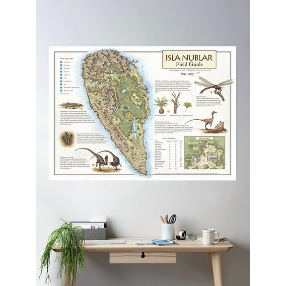Kna Prints - 1 Pc Poster Isla Nublar Field Guide Jurassic Park Map, UNFRAMED-8x12