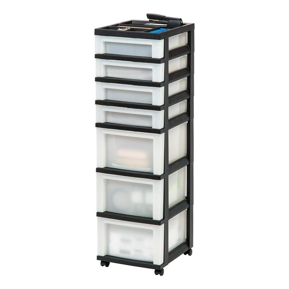 IRIS USA Plastic Drawer Storage Organizer Rolling Cart, with Wheels Casters, 7-Drawers, for Classroom Art Craft Supplies Dresser Closet Bathroom Laundry Room, Black/Pearl