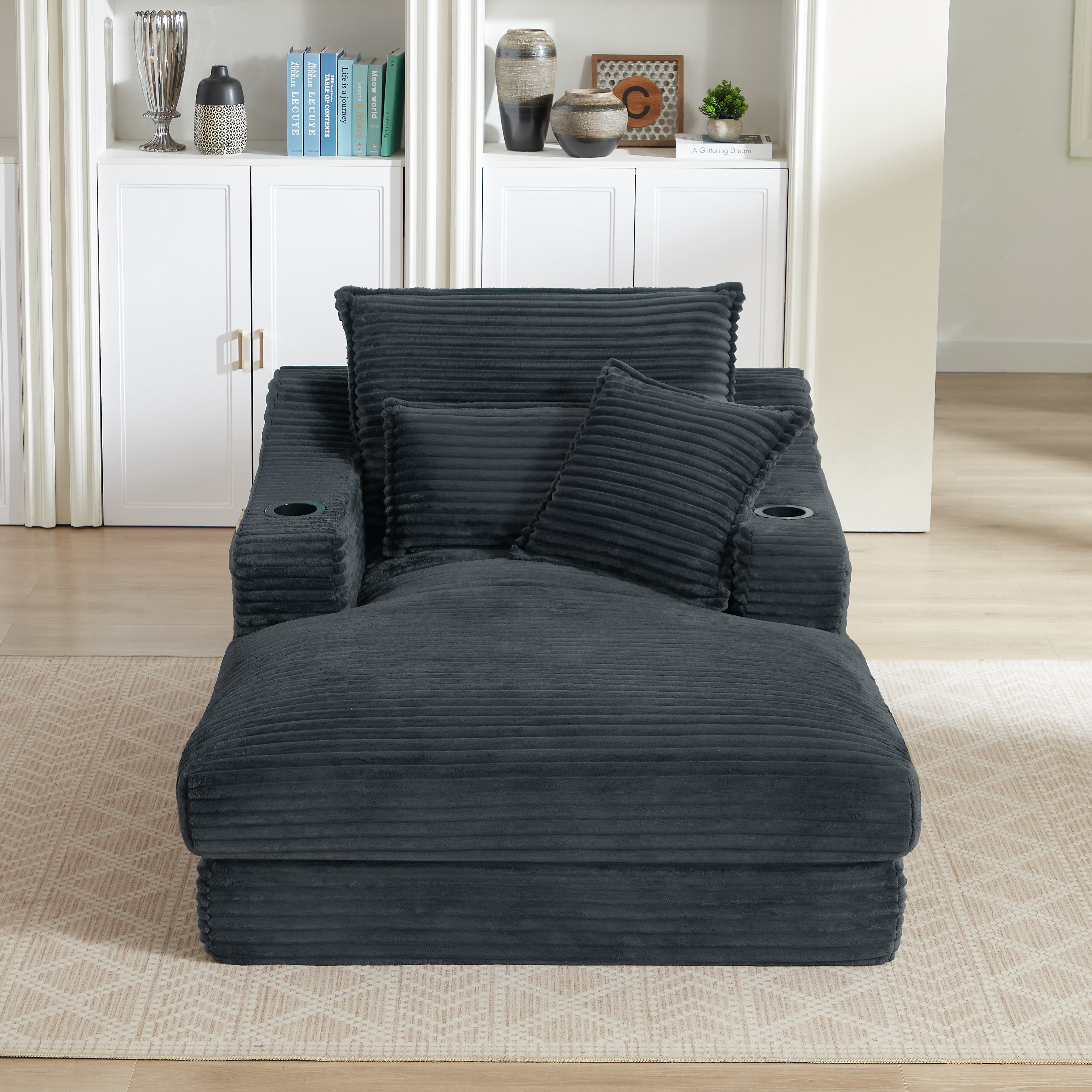 MAYEERTY Dark Gray Corduroy Chaise Sofa, Oversized Comfortable Lounge for Living Room, 47×68×35"