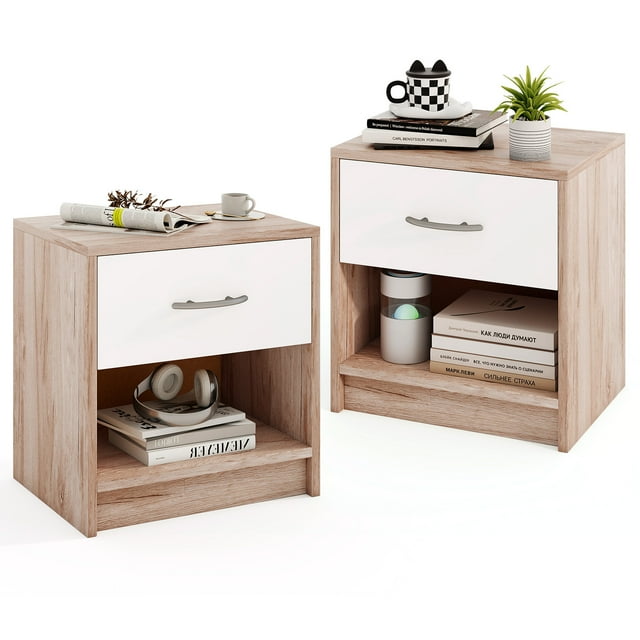 Gymax Table de Chevet 2 Pcs avec Tiroir Table d'Appoint avec Tiroir Coulissant Étagère de Rangement Ouverte Chêne et Blanc