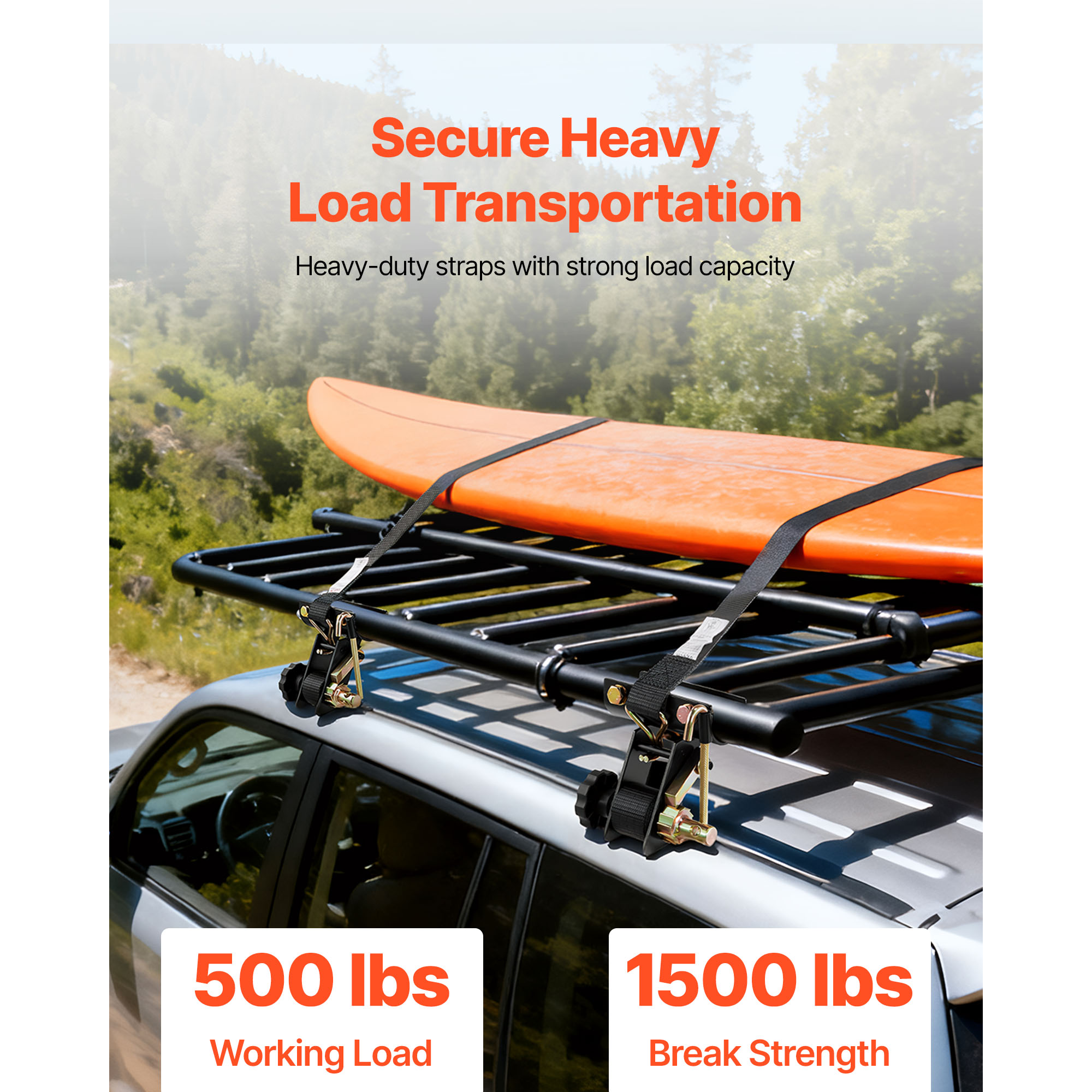 KFFKFF Ladder Rack Ratchet Straps, 1.87-2 in Black Round Tube Mount, 1.5 in Wide x 7.4 ft Long Black Straps with Double J-Hooks, 500 lbs Load Capacity, Heavy-Duty Cargo Lock Straps (4 Pack)