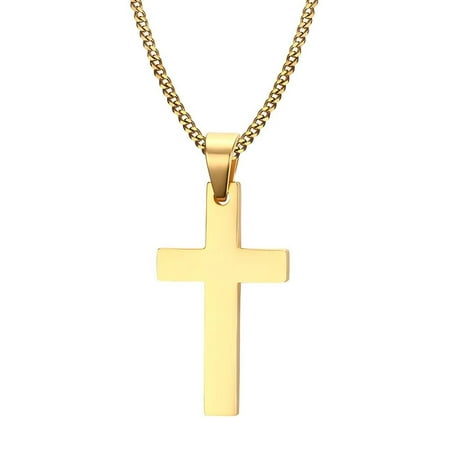 Cross Necklace for Men Figaro Chain Stainless Steel Plain Polished Cross Pendant Necklace Simple Faith Jewelry Gift for Boy Women Girls