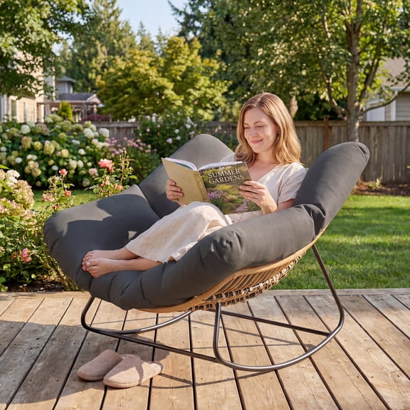 Outsunny Papasan Rocking Chair, Oversized Indoor Outdoor Rocking Egg Chair with Cushion, PE Wicker Outdoor Rocker for Patio Garden, Dark Gray