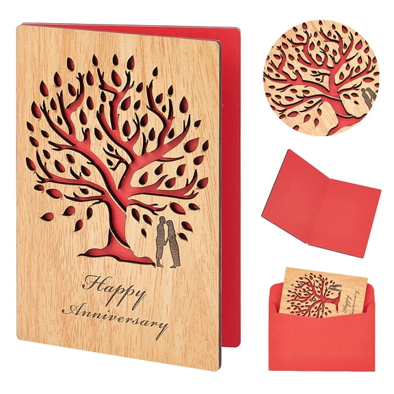1set Wedding Anniversary Card Wood Happy Anniversary Card Tree of Life Design Handmade Wooden Greeting Card Gifts