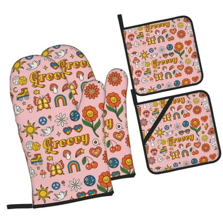 

Balery Retro 70s Hippie Pattern Oven Mitts and Pot Holders 4 pcs Set Kitchen Oven Glove High Heat Resistant 500℉ Oven Mitts with Non-Slip Silicone Surface