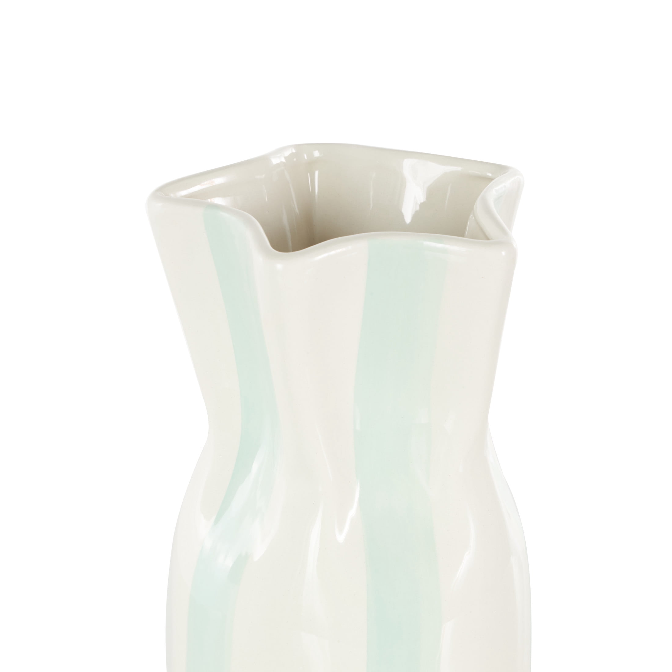DecMode 12" Round Light Blue Ceramic Vase with White Vertical Stripes