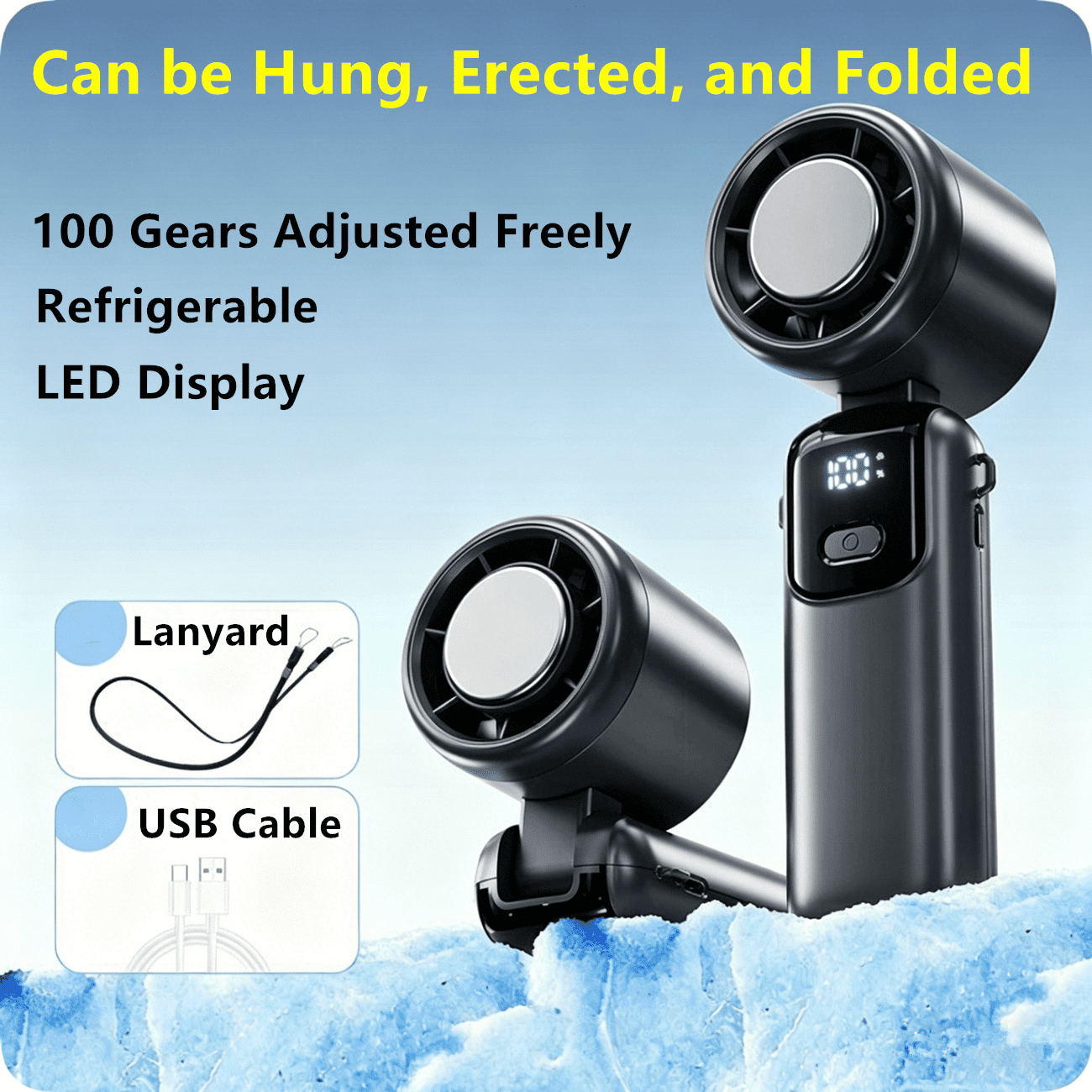 Semiconductor Cooling Handheld Turbo Fan, 5 Blades 33ft/s Wind, 1-100 Stepless Speed, LED Digital Display 90° Foldable Portable Mini Fan with Lanyard for Travel Desk Neck